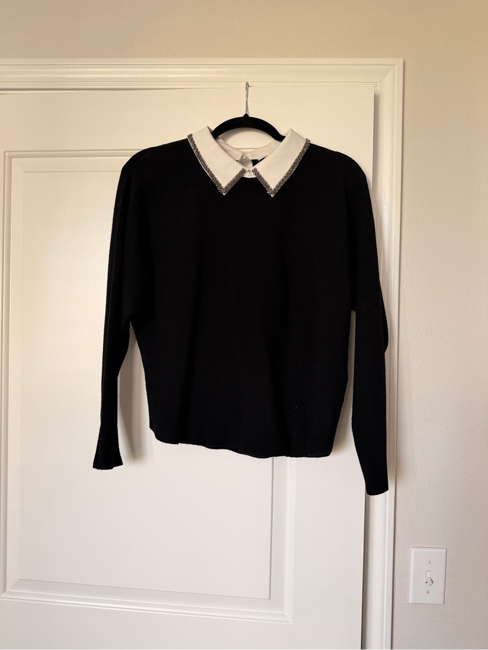 Milano Black Sweater with White Embellished Collar